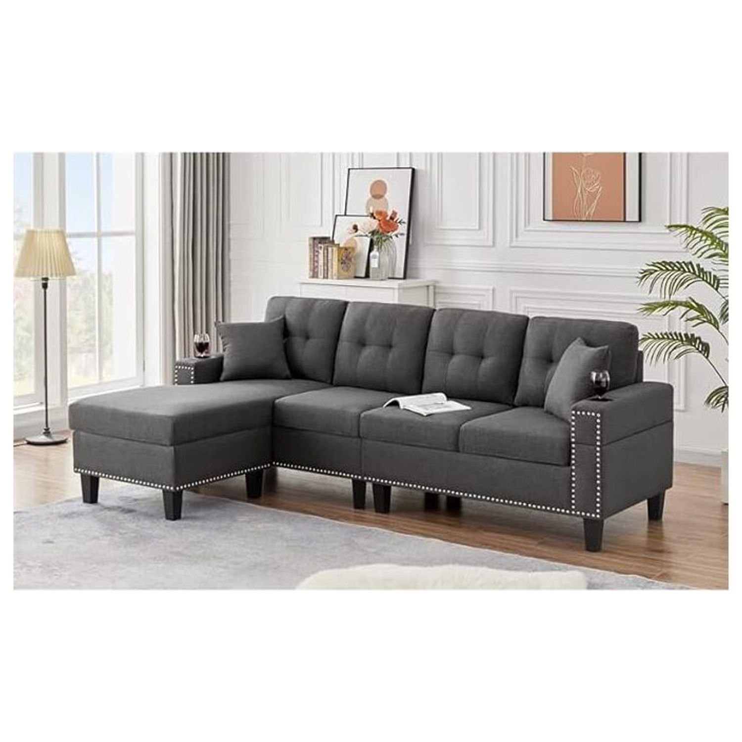 Devion Furniture Comfy Living Room Dark Gray Linen Sectional Sofa ... pertaining to How the Cooper Dark Gray Linen Sectional Sofa Can Transform Your Home Decor