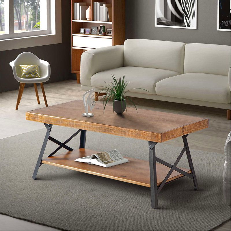 Gracie Oaks 43'' Metal Legs Rustic Coffee Table Livingroom, Solid Wood ... intended for