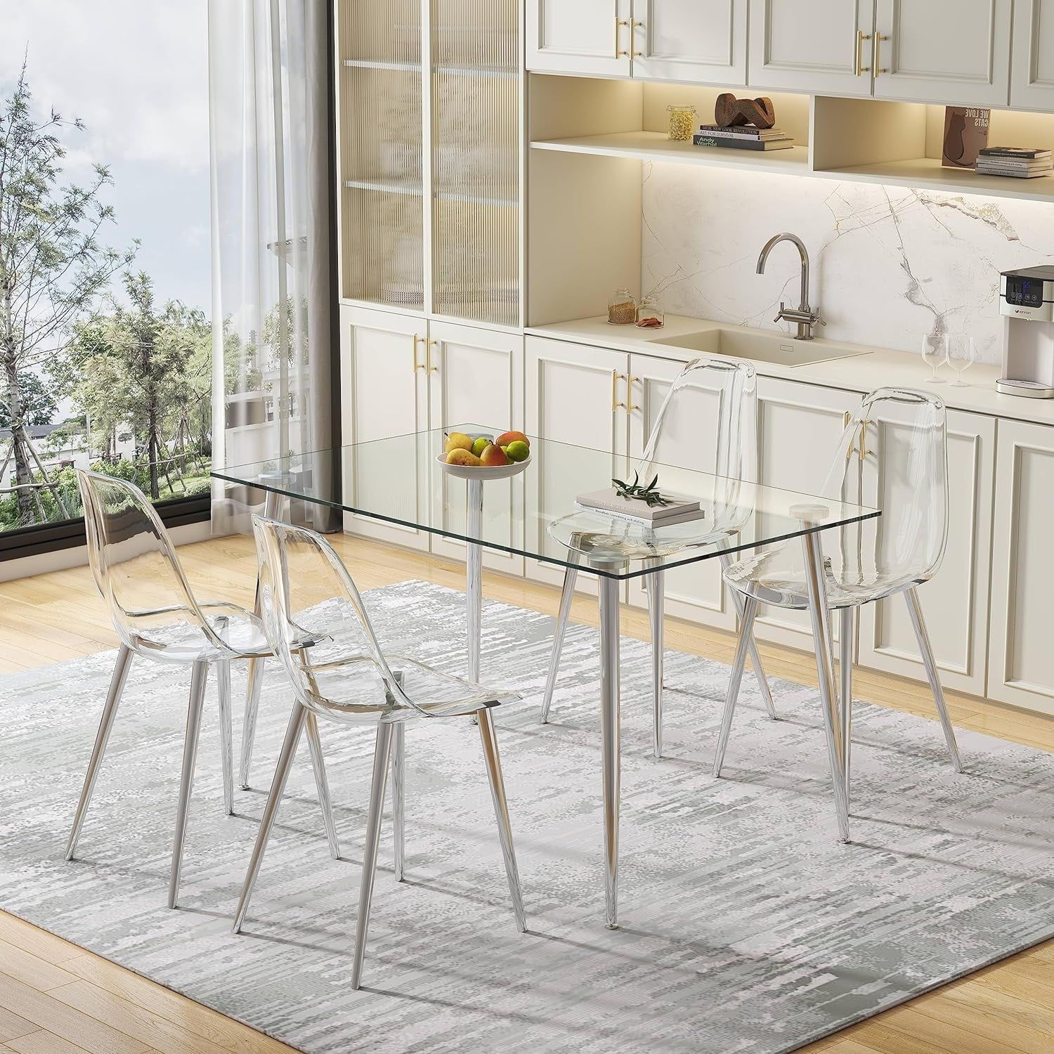 Holaki 51 Inch Rectangle Glass Dining Table Set For 4, Tempered Glass ... for