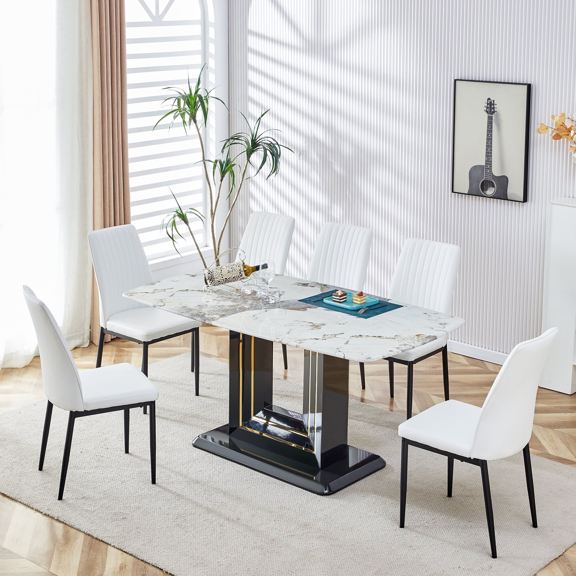 Miekor Furniture Faux Marble Dining Table Set, Glass Rectangular ... in