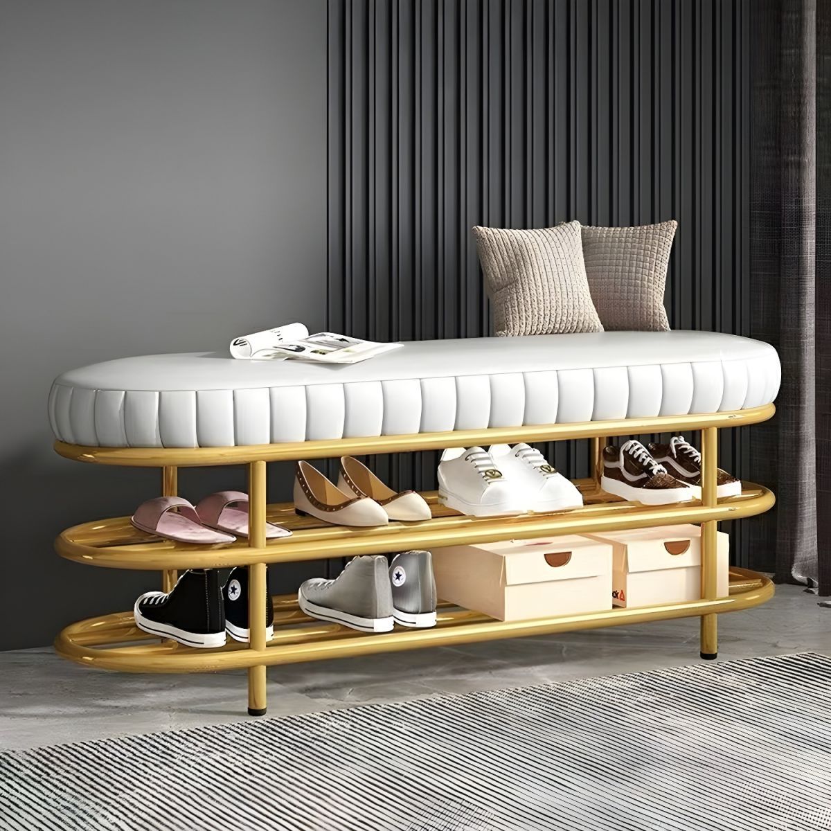 Modern 2-Tiered Metal Entryway Bench Shape In Oval With Cushion - White ... inside