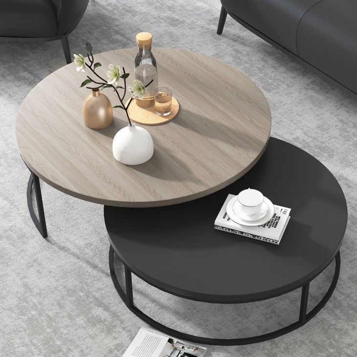 Modern Round Nesting 2-Piece Extendable Gray &Amp; Black Living Room Accent ... for