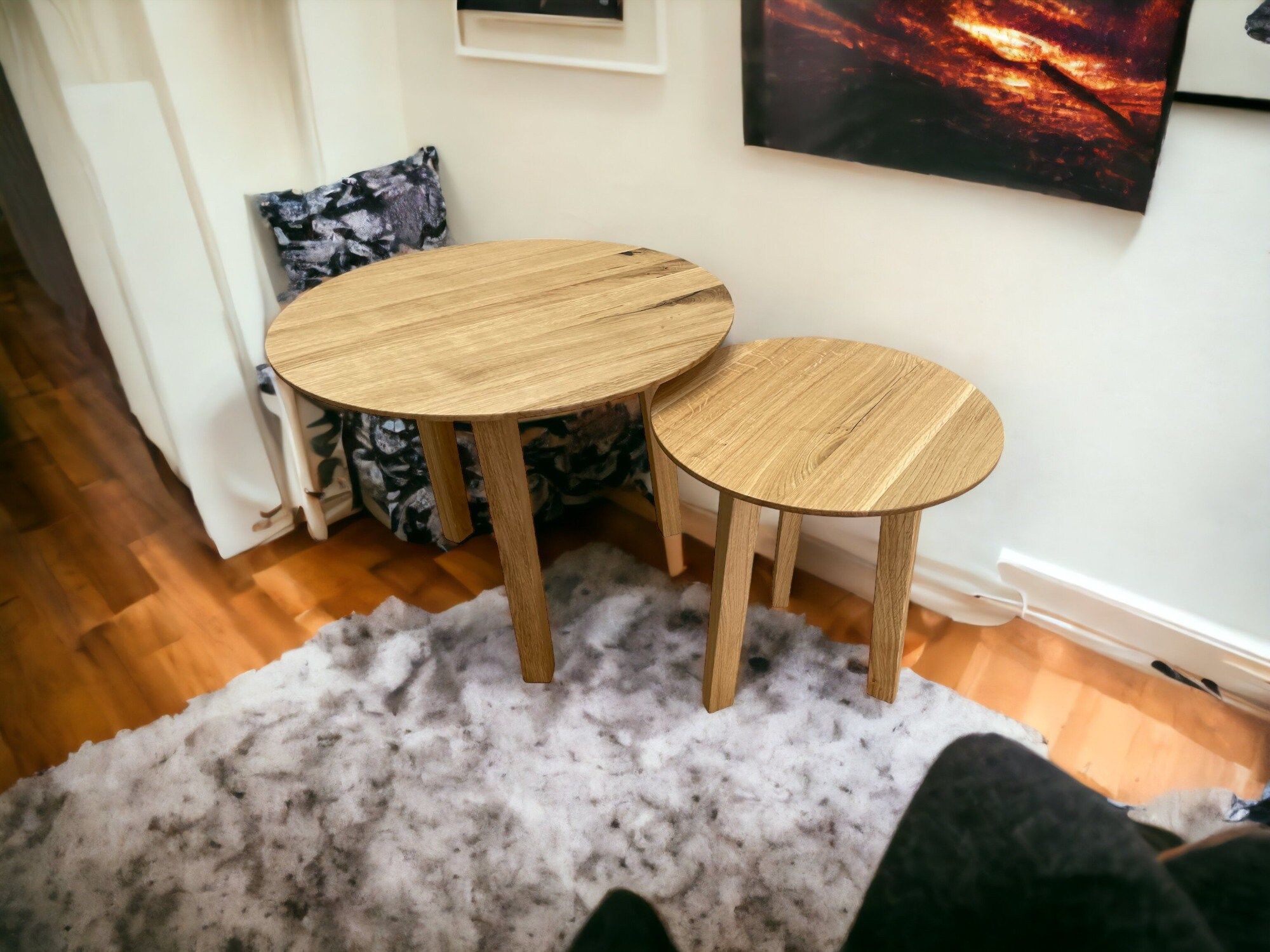 Oak Wood Round Coffee Table Set Of 2 Solid Modern Nesting Tables Duo ... intended for A Closer Look at the Natural Bari Nesting Table Duo