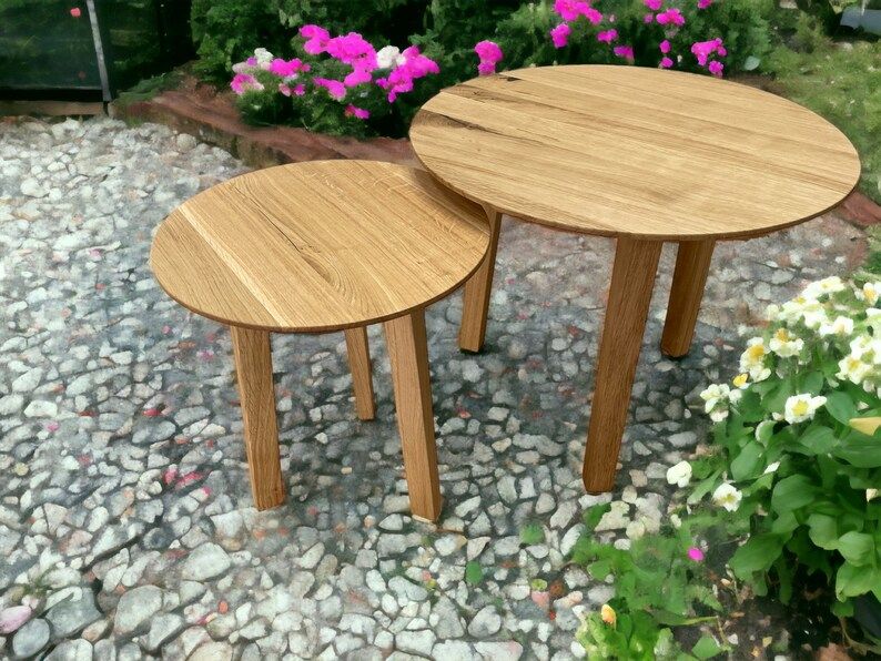Oak Wood Round Coffee Table Set Of 2 Solid Modern Nesting Tables Duo ... pertaining to