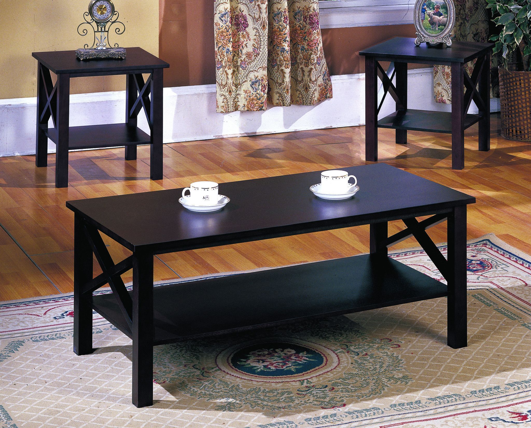 Pilaster Designs - 3 Pc. Cherry Finish Wood X Style Casual Coffee Table ... regarding Expert Insights on Styling Your Carrie Walnut Finished Wood Occasional Set at Home