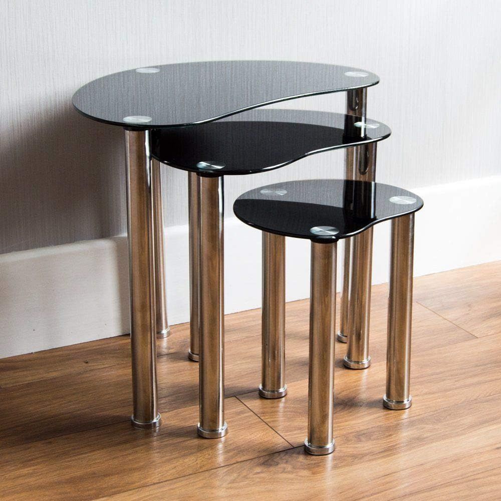 Qihang-Uk Nesting Tables Set Of 3 Black Glass Top Stainless Steel ... for Why Black Fluted Glass Nesting Tables are a Versatile Decor Choice