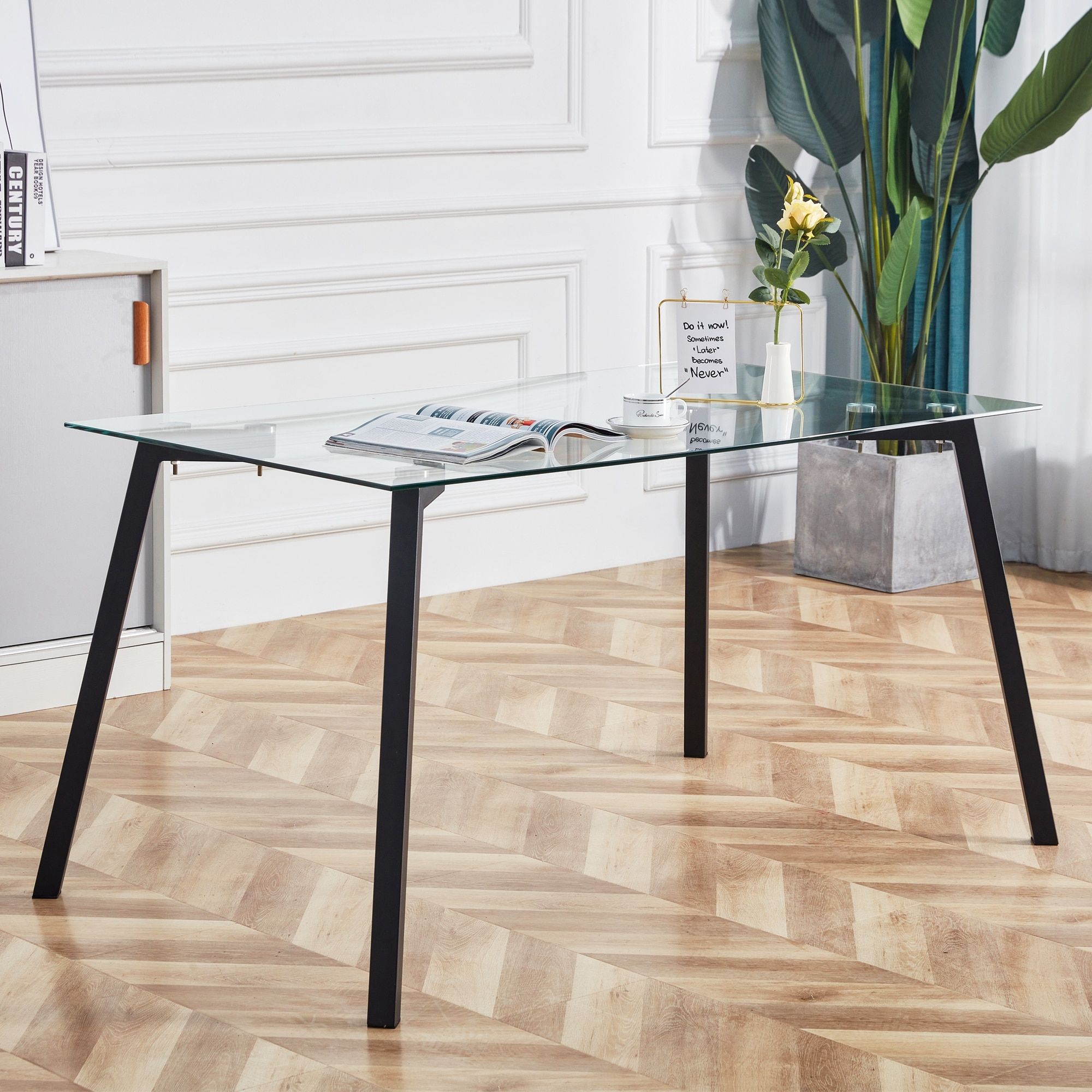 Rectangular Tempered Glass Dining Table With Cylindrical Legs - Bed ... inside