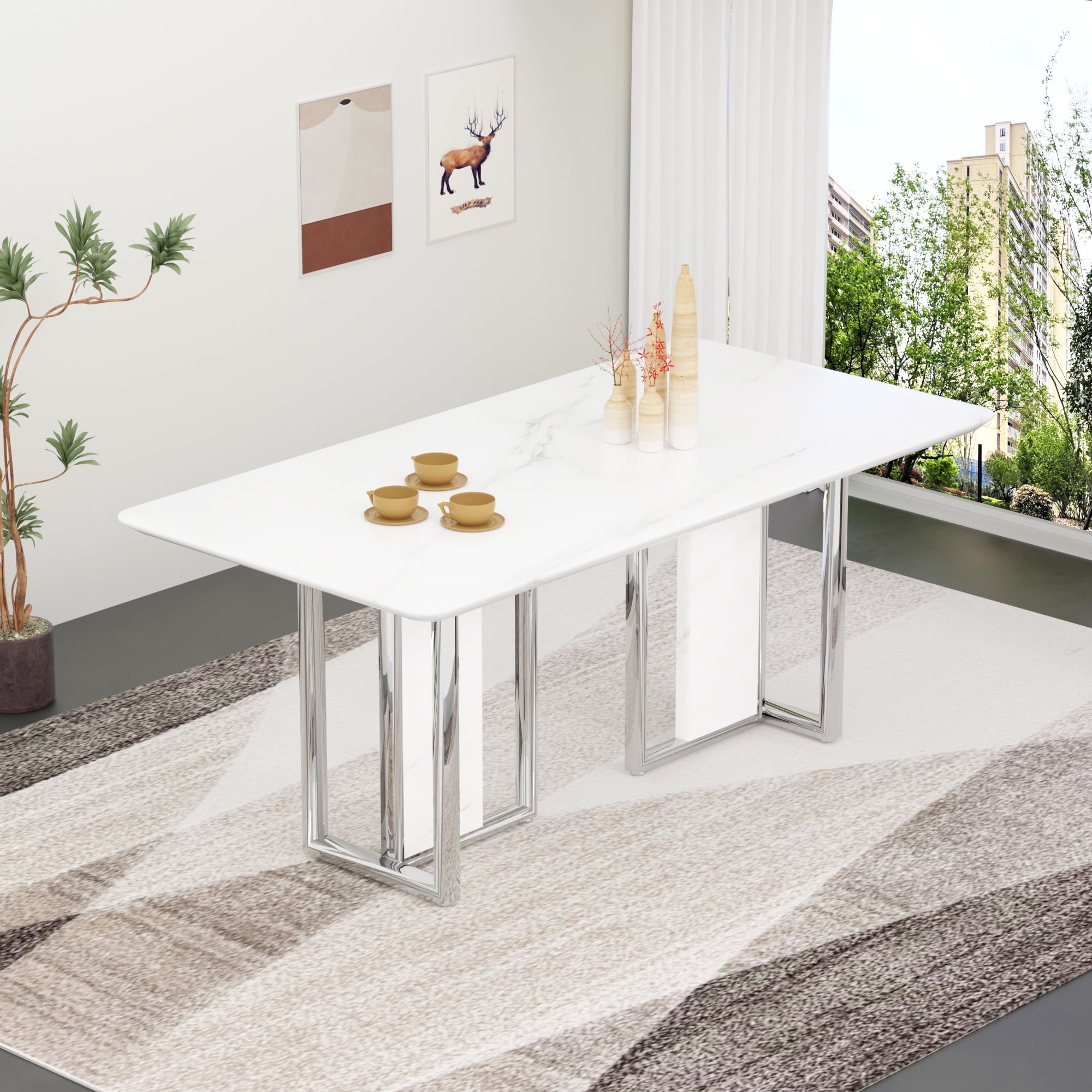 Sumdeal 67" White Faux Marble Dining Table For 6-8 People,Modern Dining ... throughout Style and Functionality The White Faux Marble Dining Table Advantage