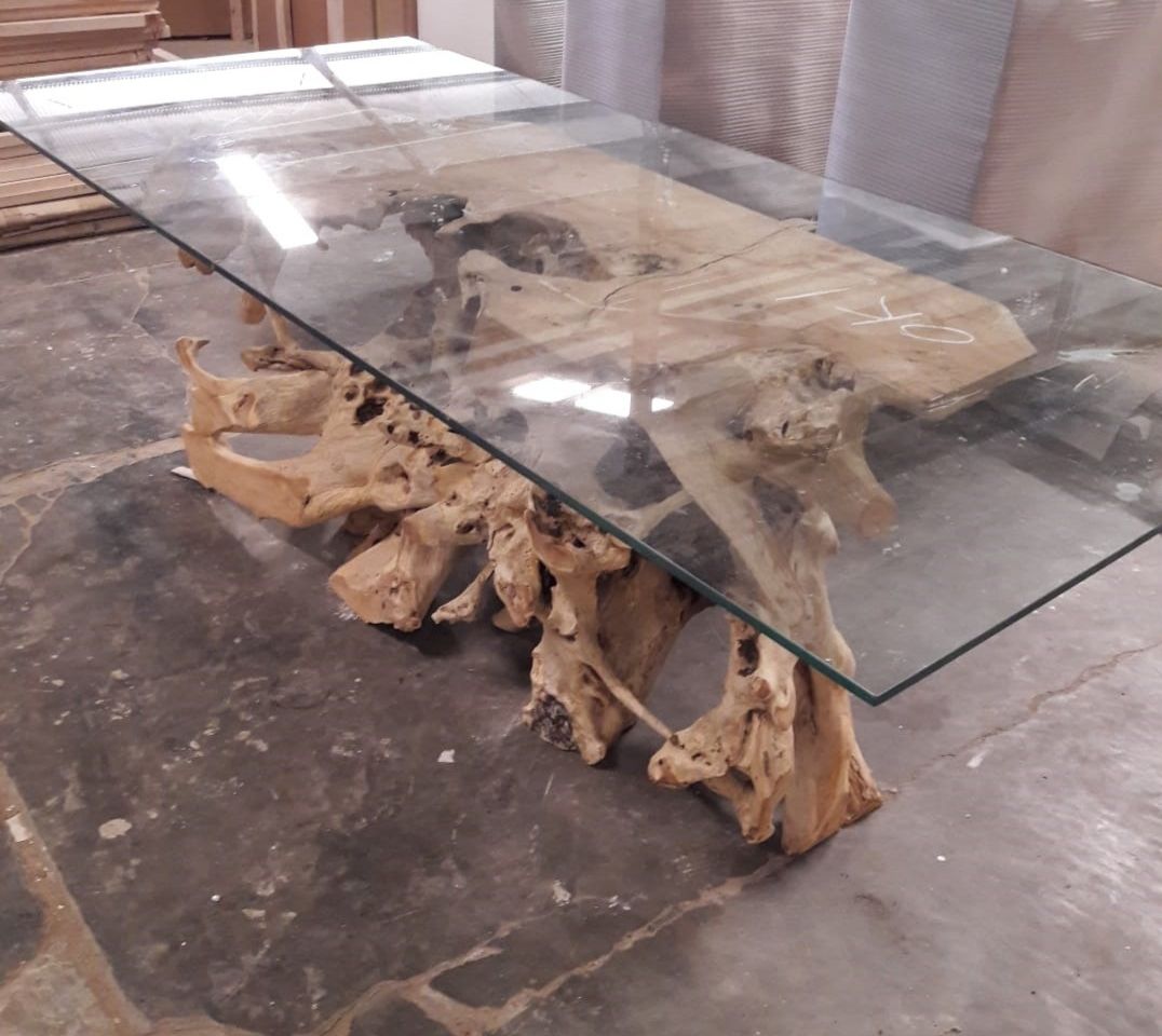 Teak Root Dining Table With Glass Top - Woodify Canada regarding