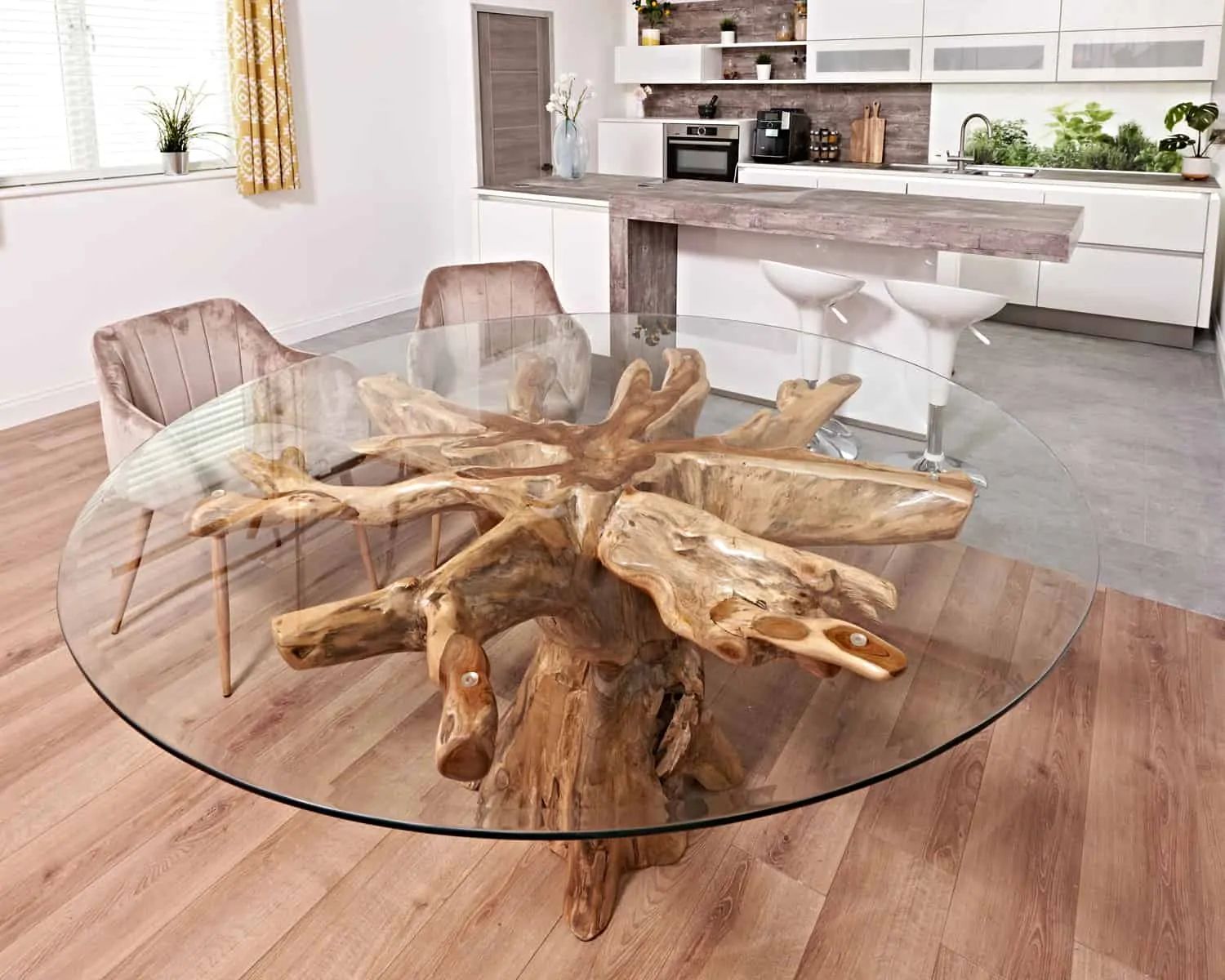 Teak Root Round Table With 180Cm Round Glass | Tables And Chairs inside