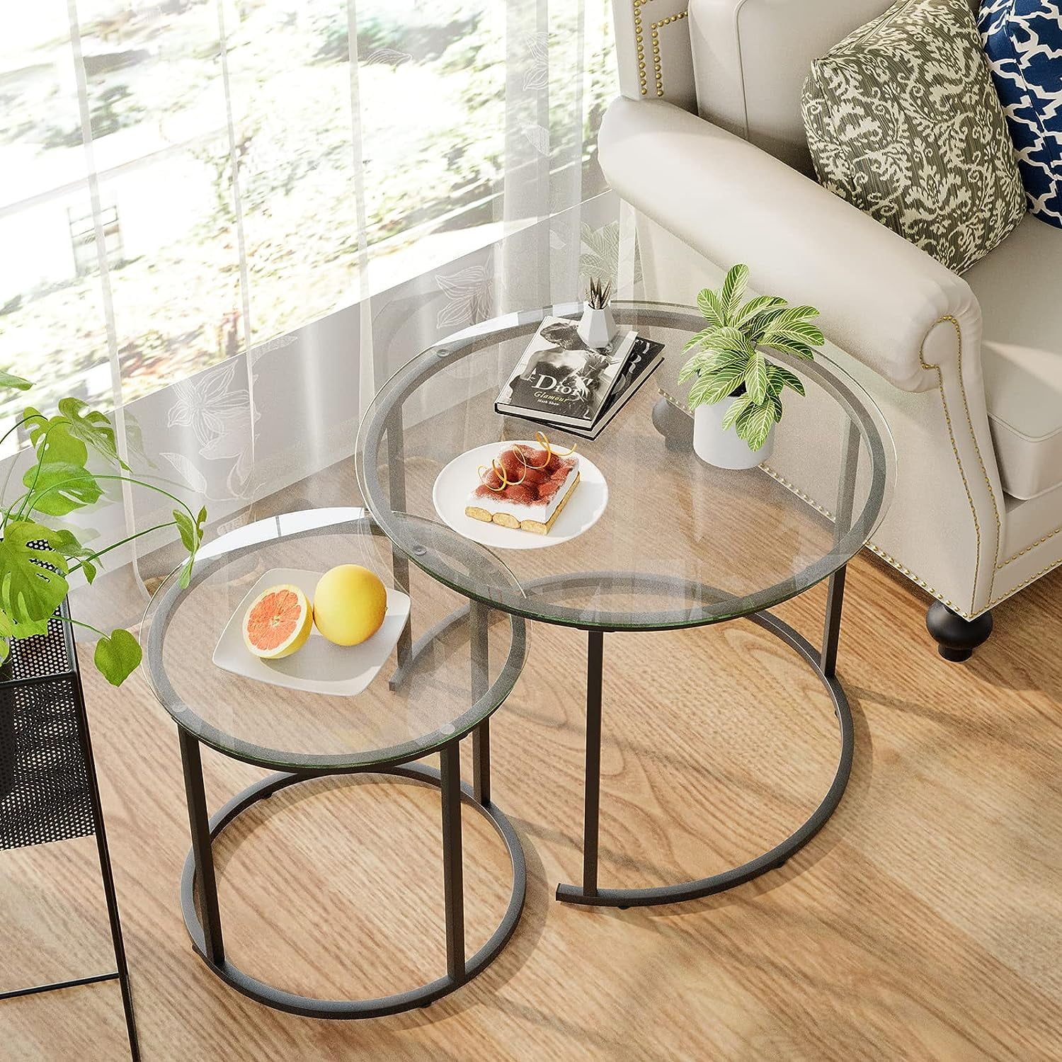 Aboxoo 2-Piece Black Nesting Coffee Table With Glass Top, Metal Frame ... regarding