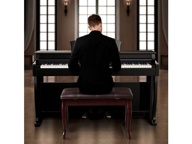 Costway Solid Wood Pu Leather Piano Bench Padded Double Duet Keyboard ... in