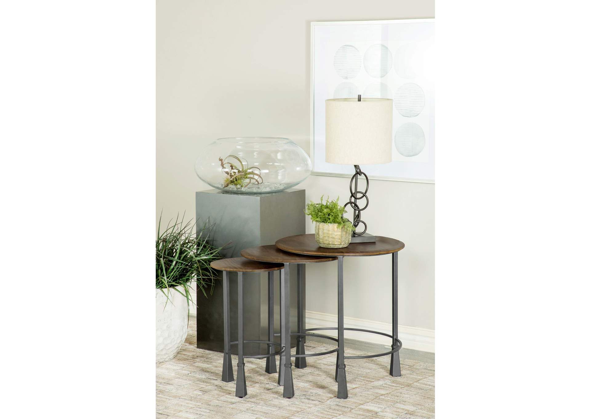 Deja 3-Piece Round Nesting Table Set Natural And Gunmetal within
