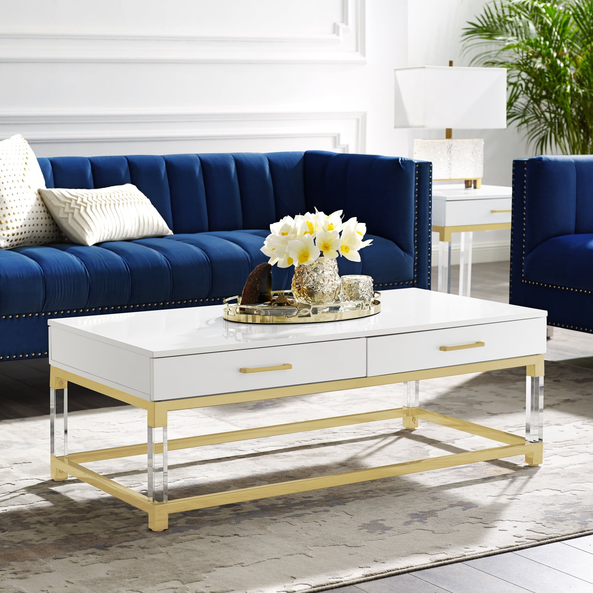 Inspired Home Alena Coffee Table 2 Drawers High Gloss Acrylic Legs Gold ... in The Versatile Appeal of White Wood Coffee Tables with Gold Legs