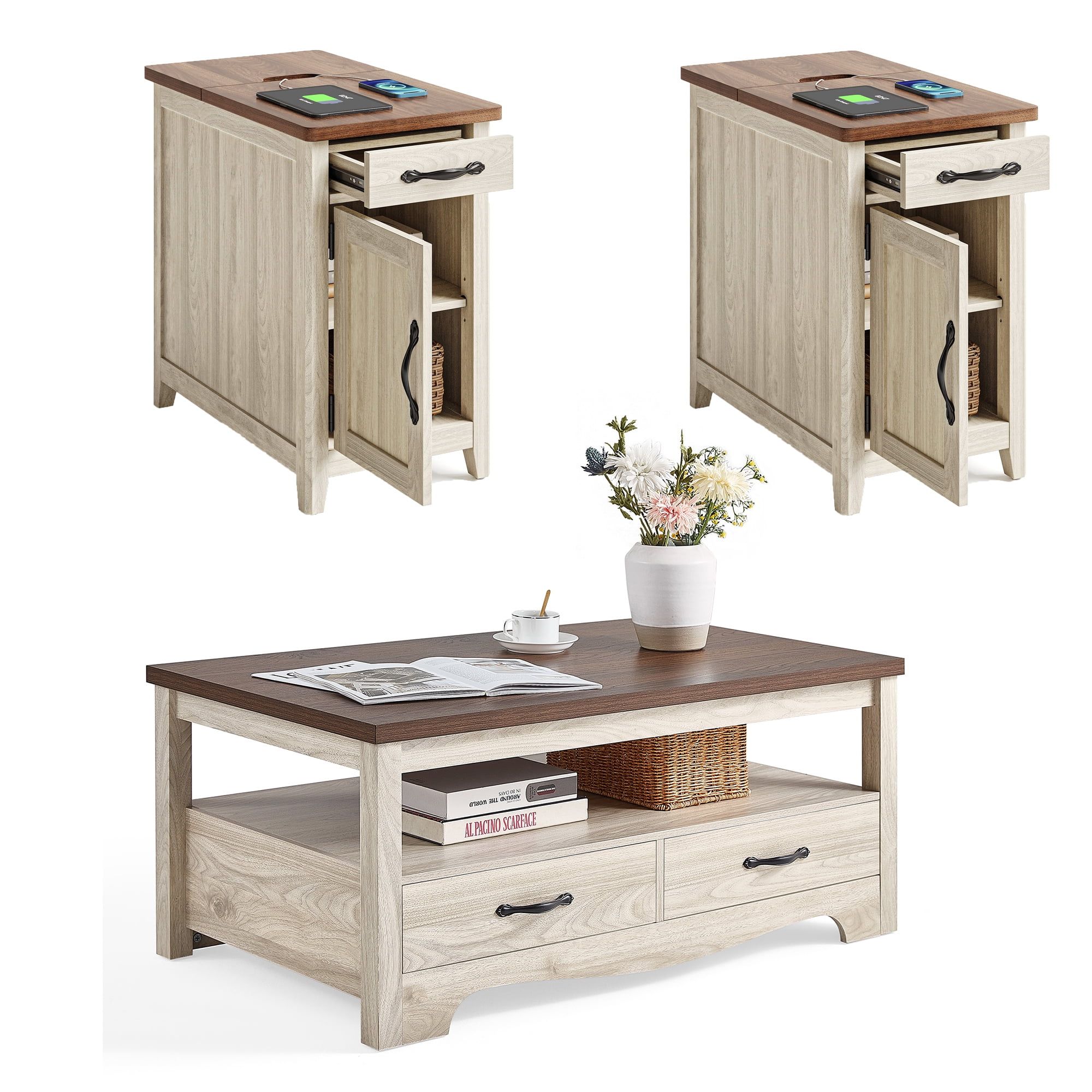 Linsy Home Farmhouse Coffee Table Sets 3 Pieces, Wood Living Room Table ... regarding Discover the Versatility of the Adeline Coffee Table Set for Your Living Space