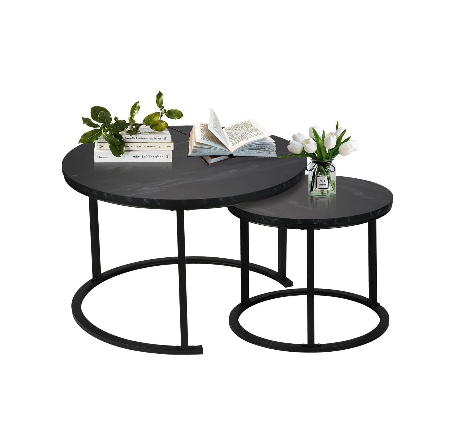 Round Modern Nesting Coffee Table Set Of 2,Waterproof Faux Marble Wood ... for