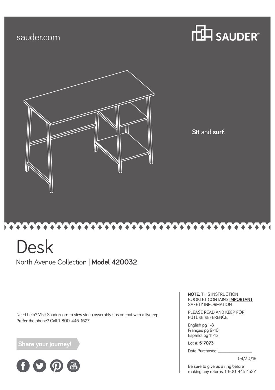 Sauder North Avenue 420032 Quick Start Manual Pdf Download | Manualslib with