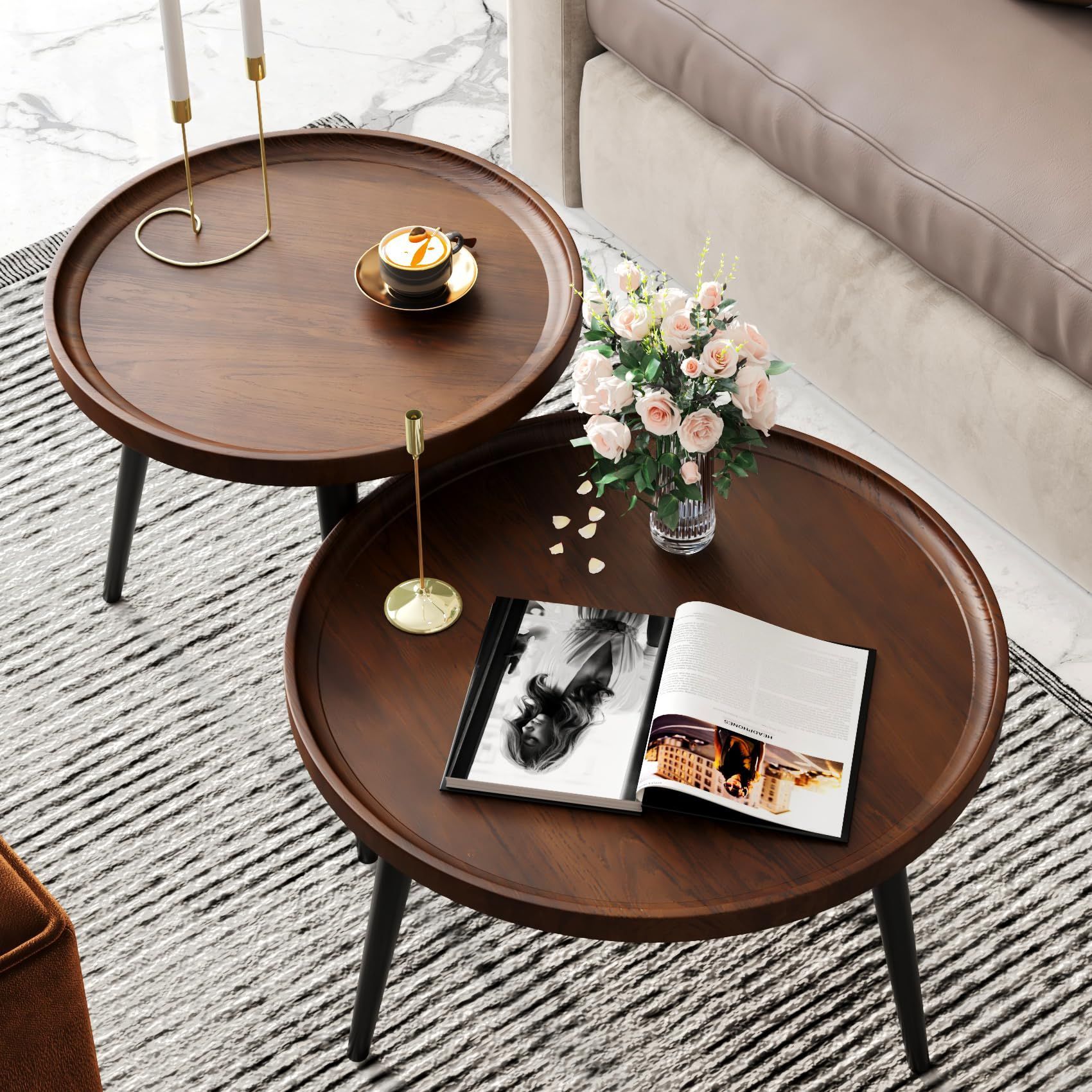 Semjar 2-Piece Mid Century Modern Round Walnut Coffee Table Set For ... with regard to Styling Your Living Space with a Set of Two 50-Inch Coffee Tables