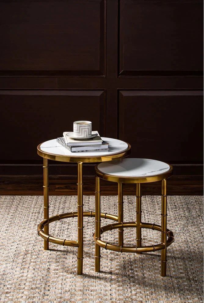 Stainless Steel Round Golden Nesting Table Set Of 2 With White Marble ... intended for Beyond the Living Room Discover Hidden Uses for Your Nesting Table Set