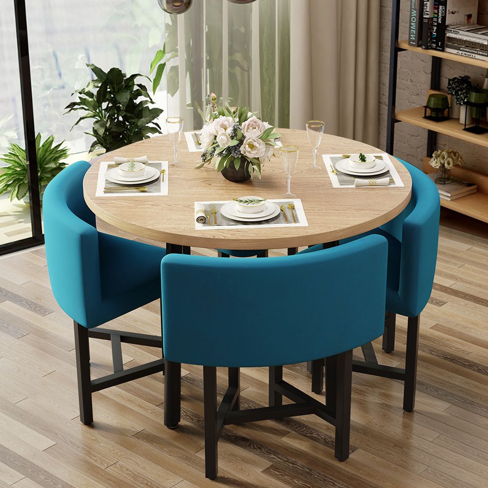 1000Mm Round Wooden 4 Person Dining Table With Blue Upholstered Chairs ... intended for Wooden dining tables that complement upholstered chair collections