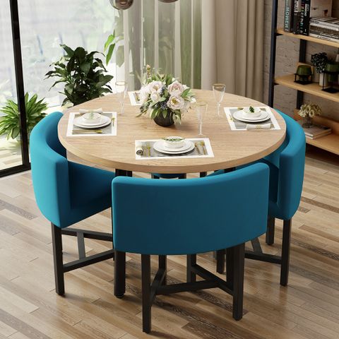 1000Mm Round Wooden 4 Person Dining Table With Blue Upholstered Chairs ... intended for Wooden dining tables that complement upholstered chair collections