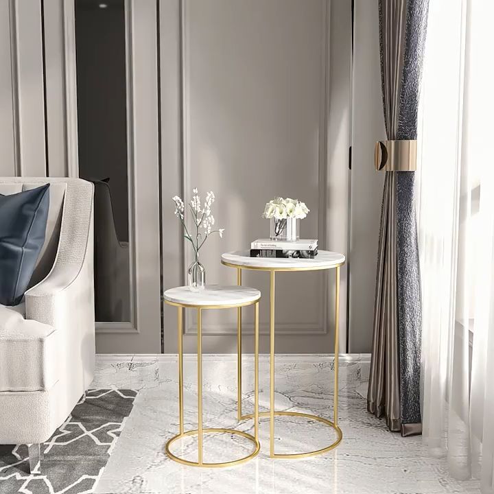 2-Piece Set Nordic Japanese Style Marble Round Coffee Table Small ... regarding Beige Marble End Tables, 2-Piece Set, Oroa Dillinger