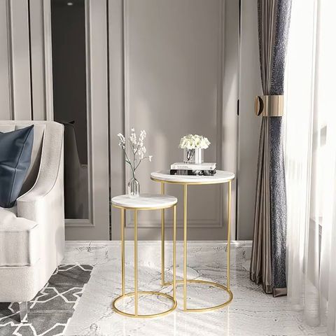 2-Piece Set Nordic Japanese Style Marble Round Coffee Table Small ... regarding Beige Marble End Tables, 2-Piece Set, Oroa Dillinger