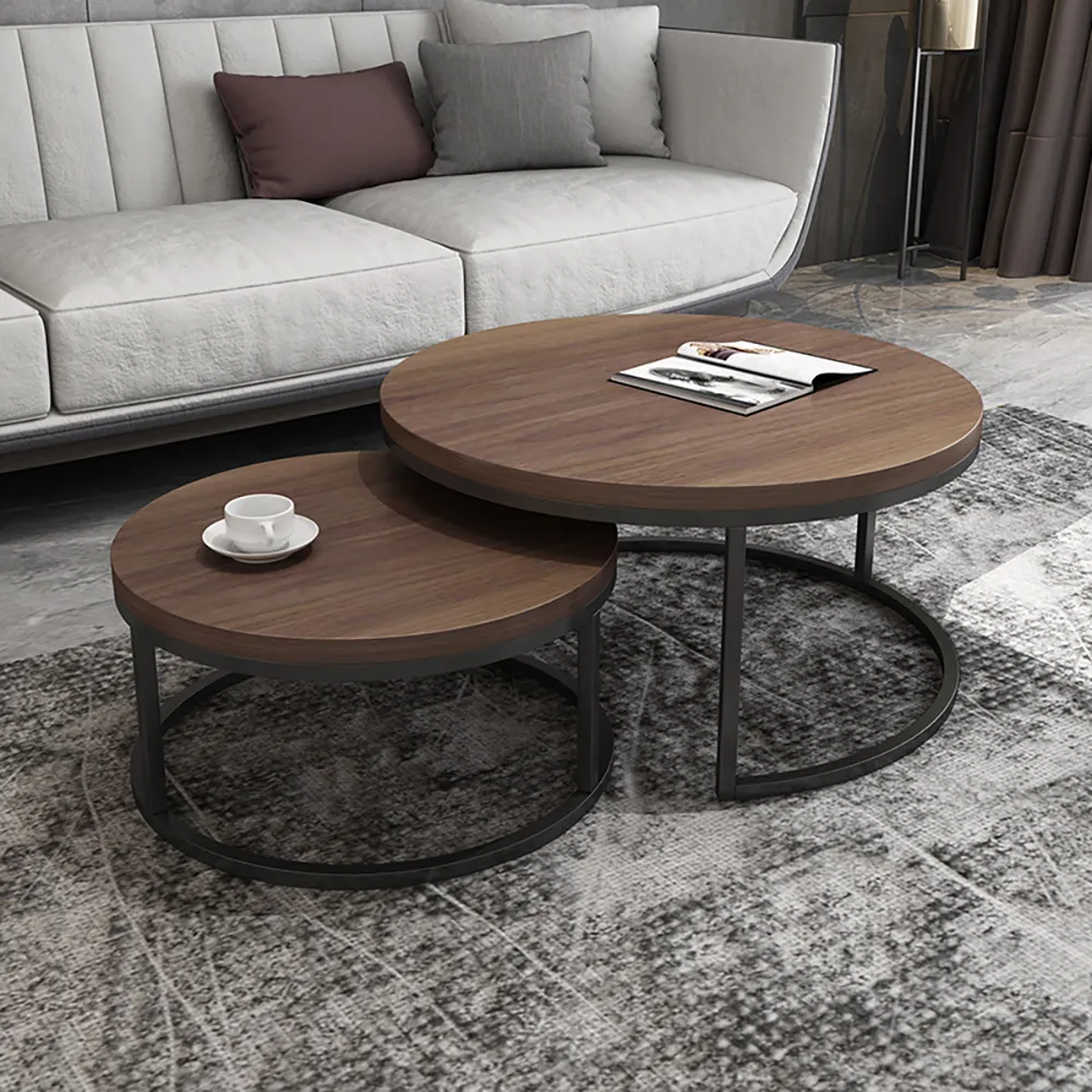 2 Pieces Modern Walnut &amp; Black Round Nesting Coffee Table For Living ... with Bowery Hill Contemporary Living Room Nest Pair Of 2 Round Tables
