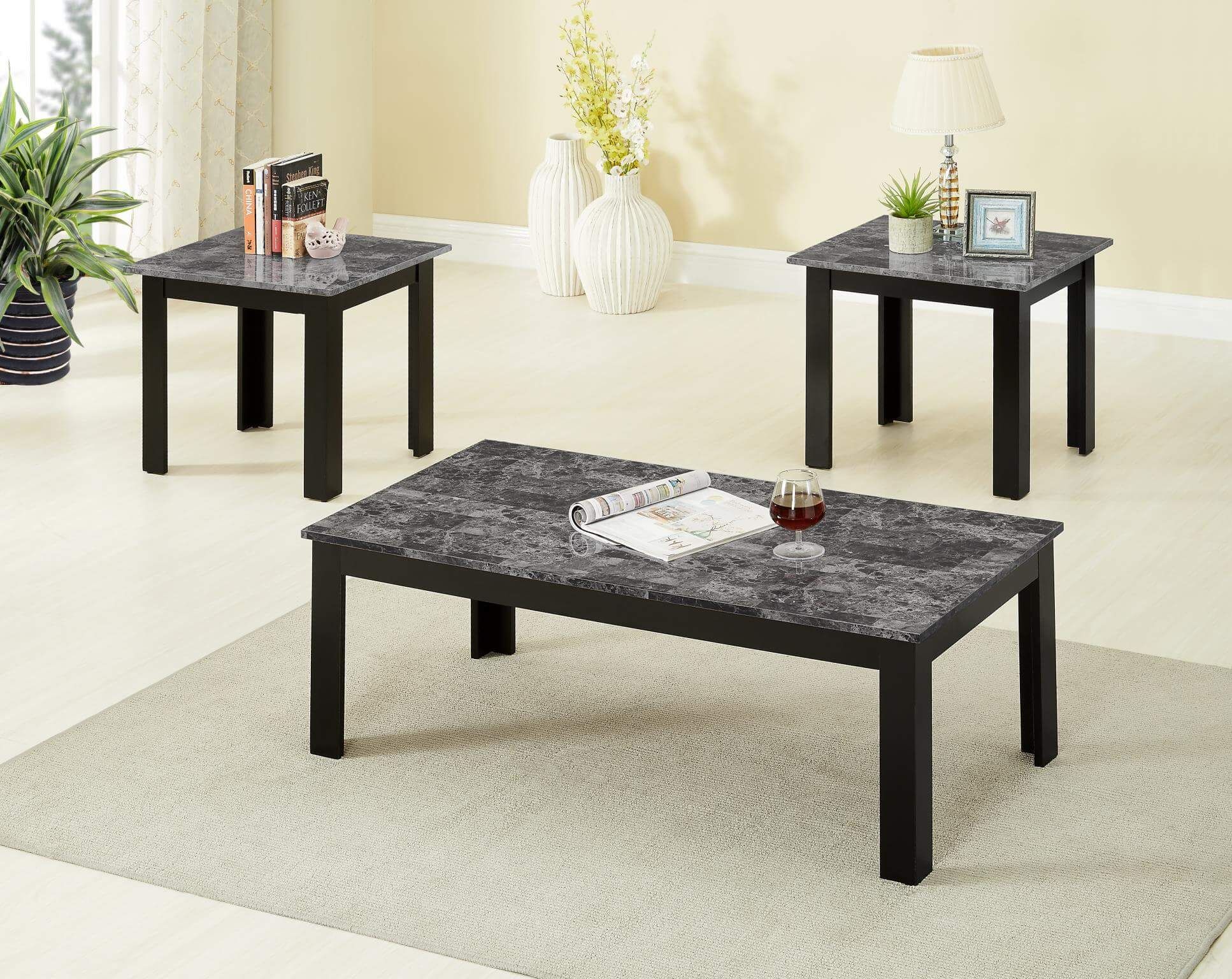 3 Piece Black Faux Marble Coffee And End Table Set intended for Marble Top Table Sets Understanding Their Unique Beauty