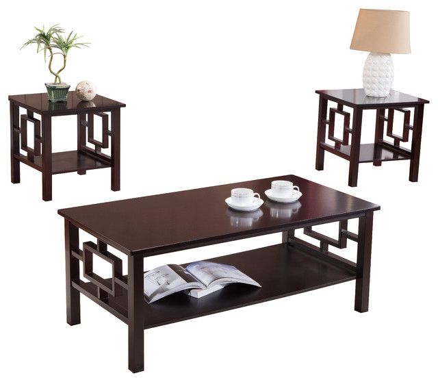 3-Piece Cherry Finish Wood Coffee Table &amp; 2 End Tables Occasional Set ... inside Styling Your Home with a Classic Cherry Finish Coffee Table Ensemble
