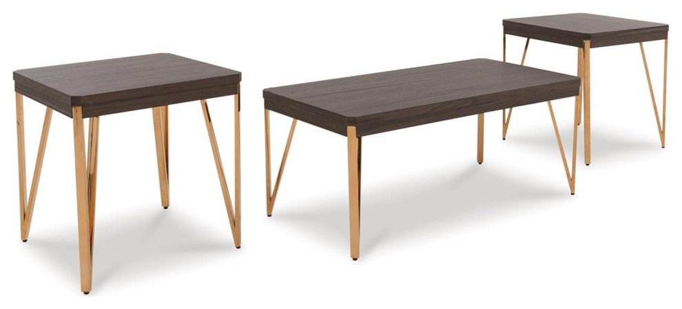 3 Pieces Coffee Table Set, Hairpin Golden Metal Legs &amp; Thick Dark Brown ... with regard to Elevate Your Living Room with a 3-Piece Coffee Table Set