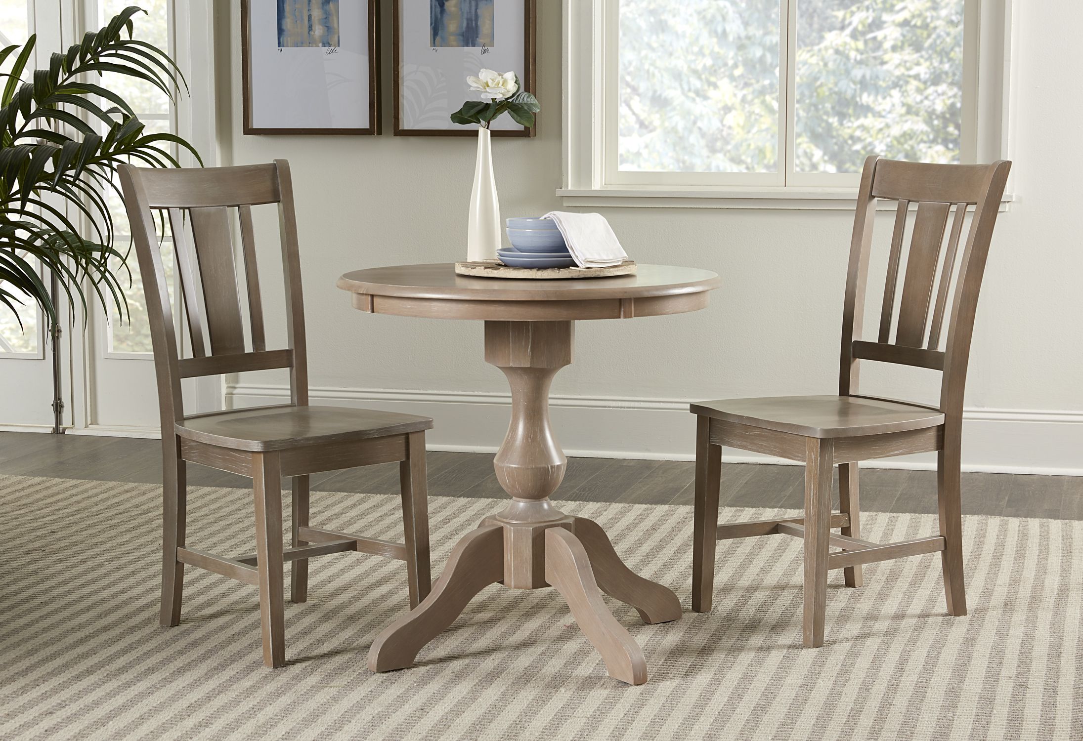 30&quot; Round Top Dining Table With 2 San Remo Chairs - Washed Gray Taupe ... throughout Transform Your Space A Guide to Black Gray Top 3-Piece Table Sets