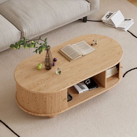 47" Modern Oval Natural Solid Wood Fluted Coffee Table With Storage ... with Exploring the Unique Appeal of Oak Solid Wood Rock Plate Coffee Tables