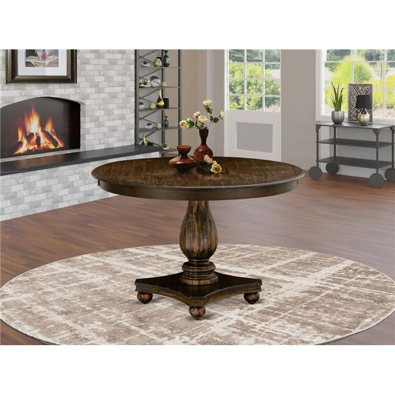 48 In. Ferris Round Dining Table With Pedestal &amp; Rustic Rubberwood Table - Distressed Jacobean ... within The Enduring Beauty of Rubberwood in the Irving 48&quot; Dining Table