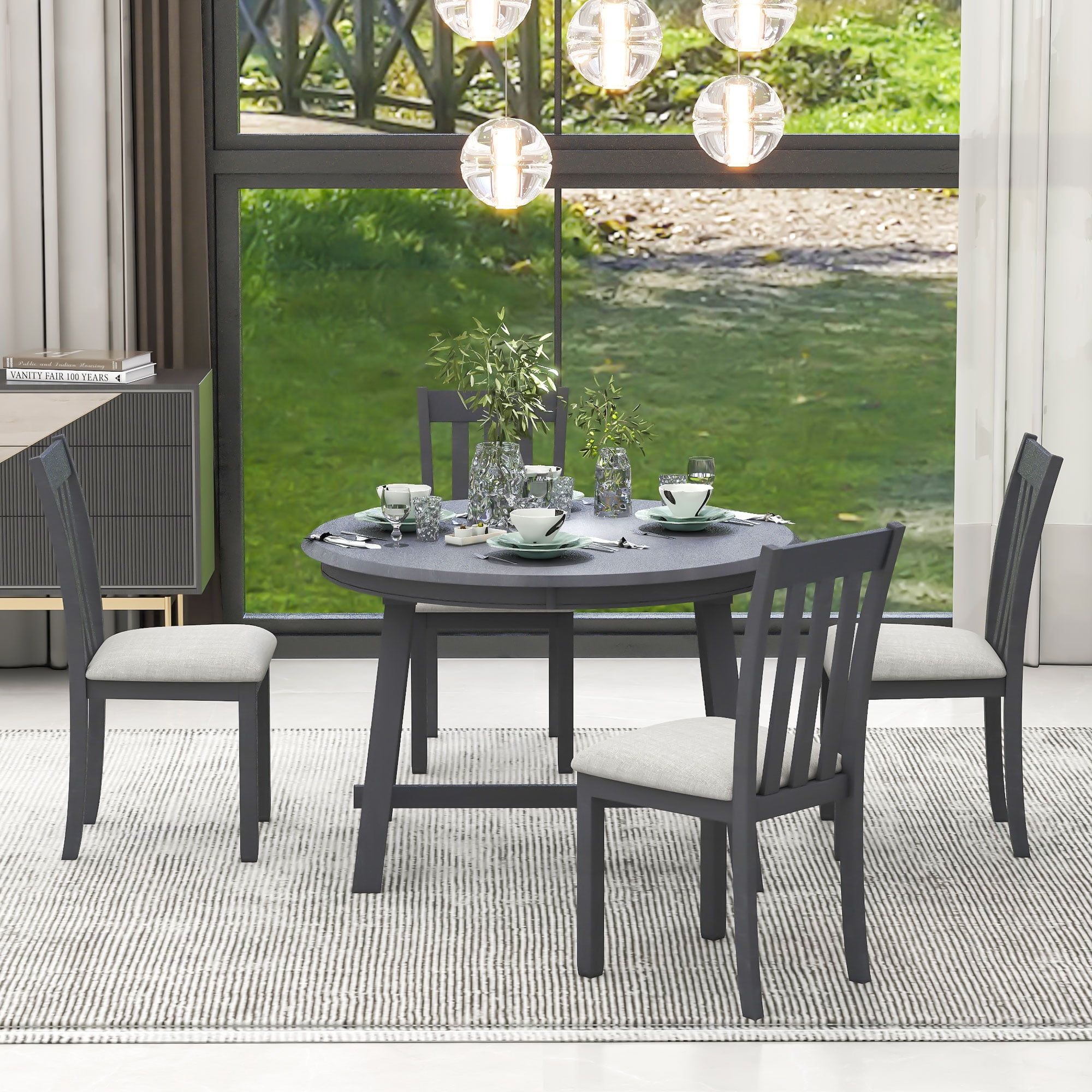 5-Piece Wood Dining Table Set, Round Extendable Dining Table With 4 ... pertaining to Making the most of your extendable dining table for everyday and special occasions