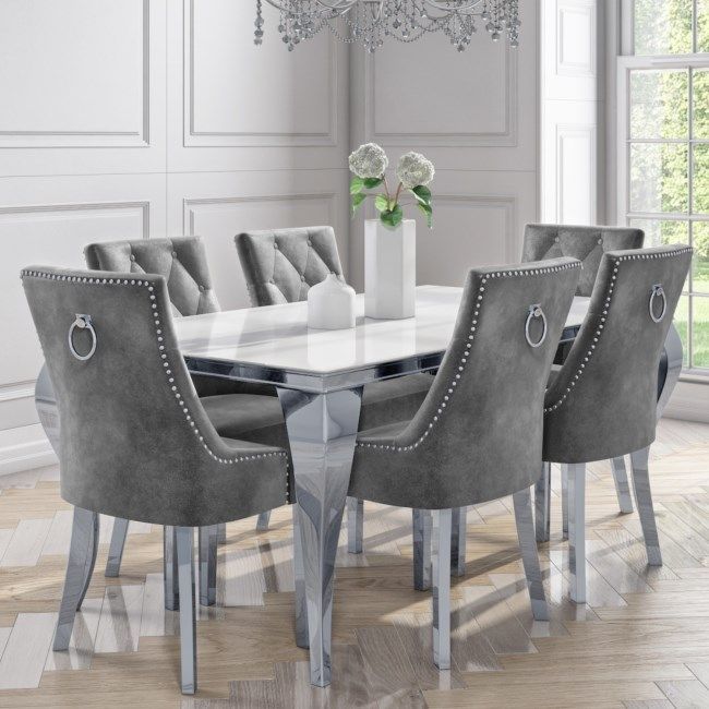 6 Seater Dining Set With White And Mirrored Table And Grey Velvet ... regarding Luxury Dining Table With Velvet Chairs
