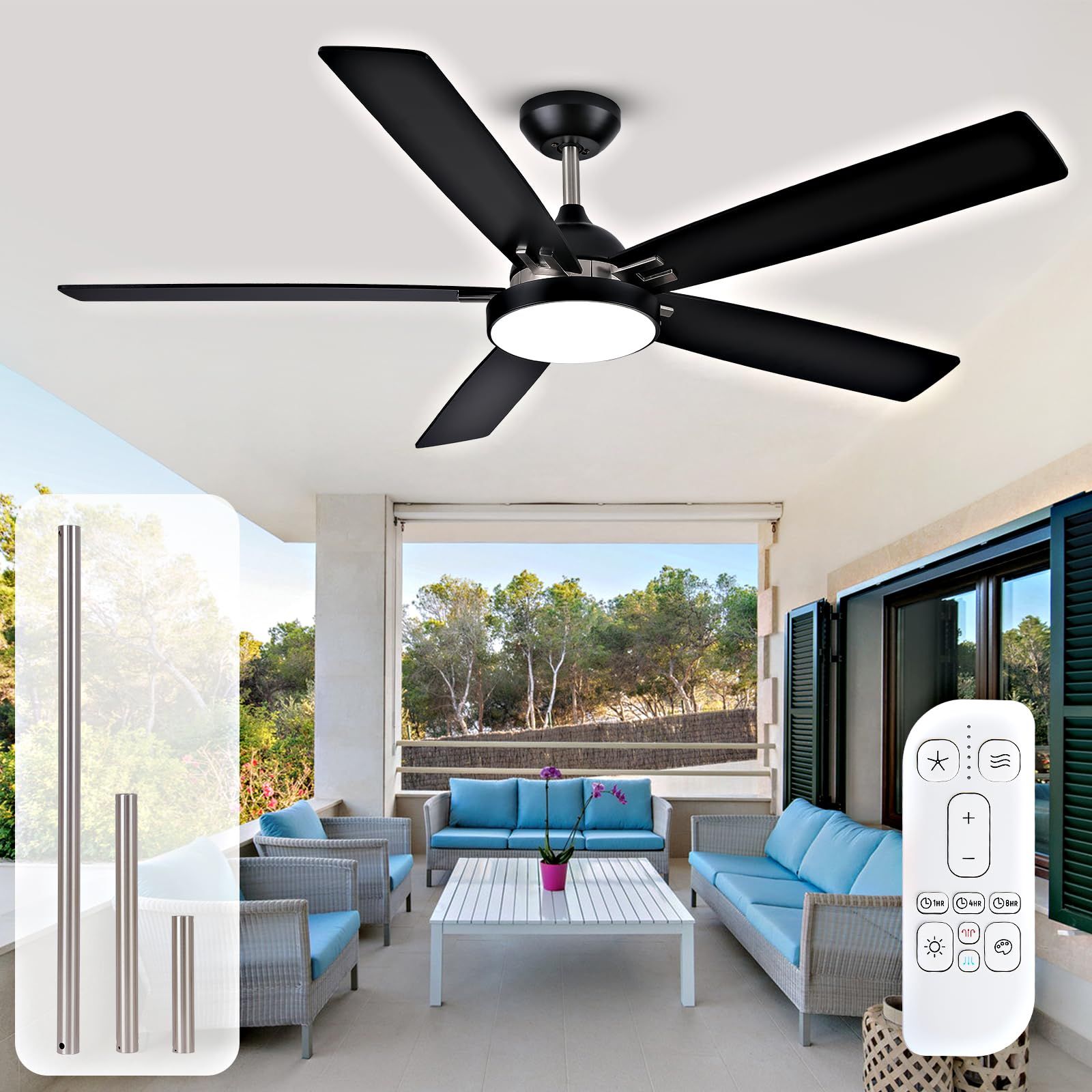 60 Inch Black Outdoor Ceiling Fan For Patios With Light, Modern Low ... throughout Outdoor Ceiling Fan With Reversible Airflow
