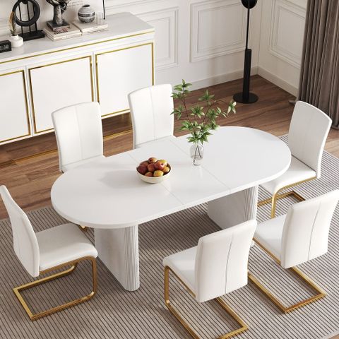 63"-79" Japandi Oval Extendable Dining Table White Seats 4-6 People ... inside Extendable Dining Table For 4 To 8 People