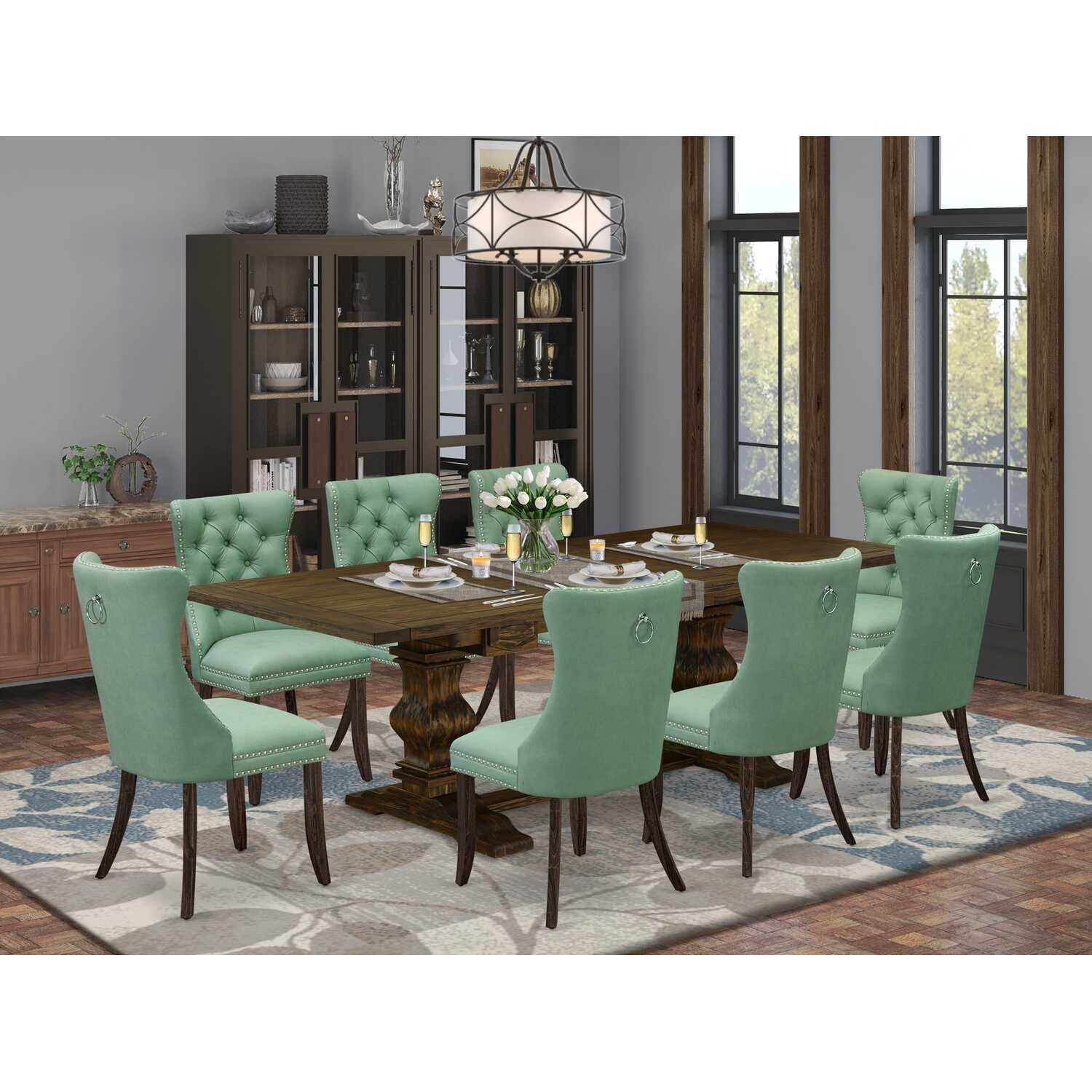 9 Piece Dining Set - Rectangle Table With Leaf &amp; 8 Kitchen Chairs ... inside Commerce And Market Seaside Rectangle Dining Table With1-22In Leaf