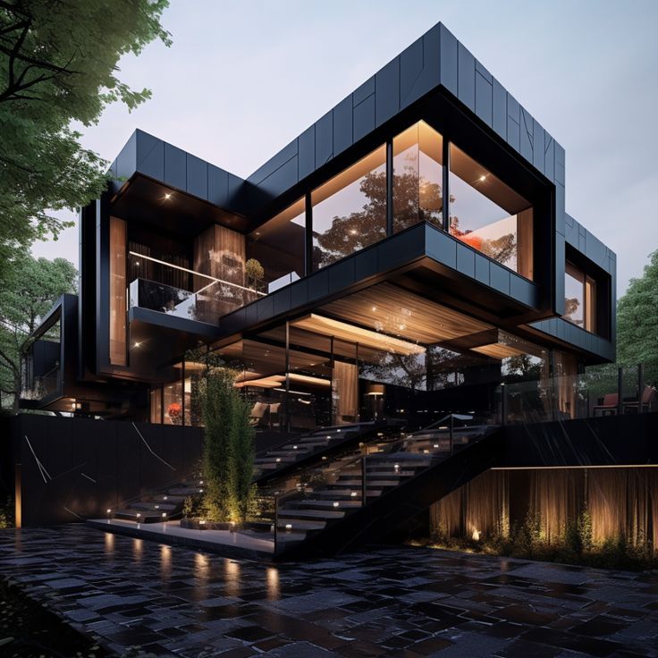 A Large Modern House With Stairs Leading Up To The Upper Floor And ... with regard to Designing outdoor spaces with modern black ceiling fans and integrated lighting