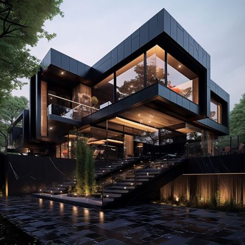 A Large Modern House With Stairs Leading Up To The Upper Floor And ... with regard to Designing outdoor spaces with modern black ceiling fans and integrated lighting