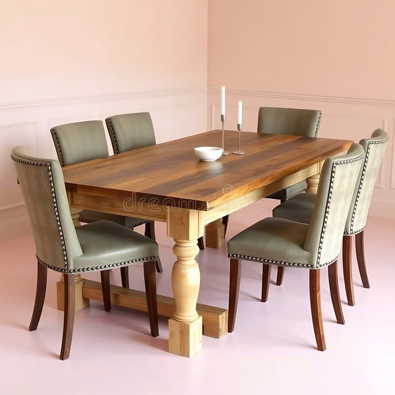 A Rustic Wooden Dining Table With Upholstered Chairs, Placed On Pastel ... with Wooden Dining Table With Upholstered Chairs