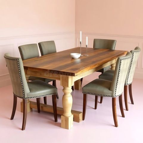 A Rustic Wooden Dining Table With Upholstered Chairs, Placed On Pastel ... with Wooden Dining Table With Upholstered Chairs