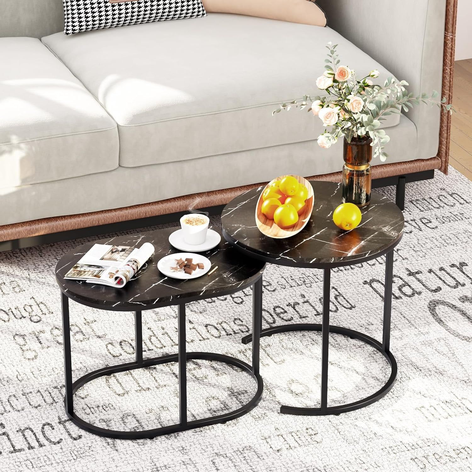 Aboxoo 2-Piece Nesting Coffee Table Set, Faux Marble Wood, Gold Frame ... throughout Silas Nesting Coffee Table Set, Faux Marble Top &amp; Black Finish