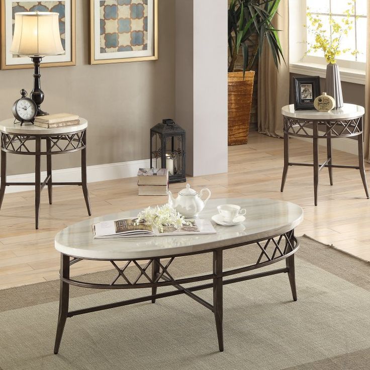 Acme Furniture Aldric Faux Marble 3 Piece Coffee And End Table Set for 3-Piece Coffee Table Set With Crossed Metal Base And Round Marble Tops, White Marble/Matte Gold