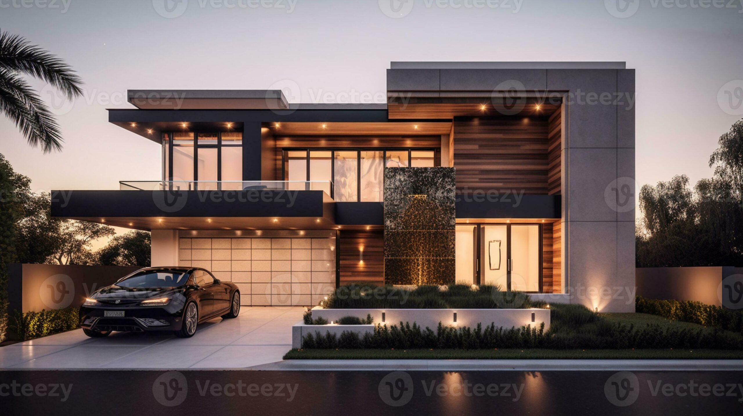 Ai Generative Exterior Of Modern Luxury House With Garden And Beautiful ... throughout Designing outdoor spaces with modern black ceiling fans and integrated lighting
