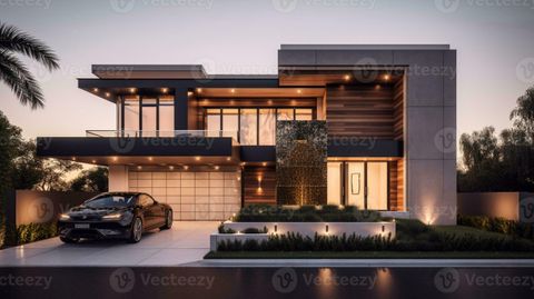 Ai Generative Exterior Of Modern Luxury House With Garden And Beautiful ... throughout Designing outdoor spaces with modern black ceiling fans and integrated lighting