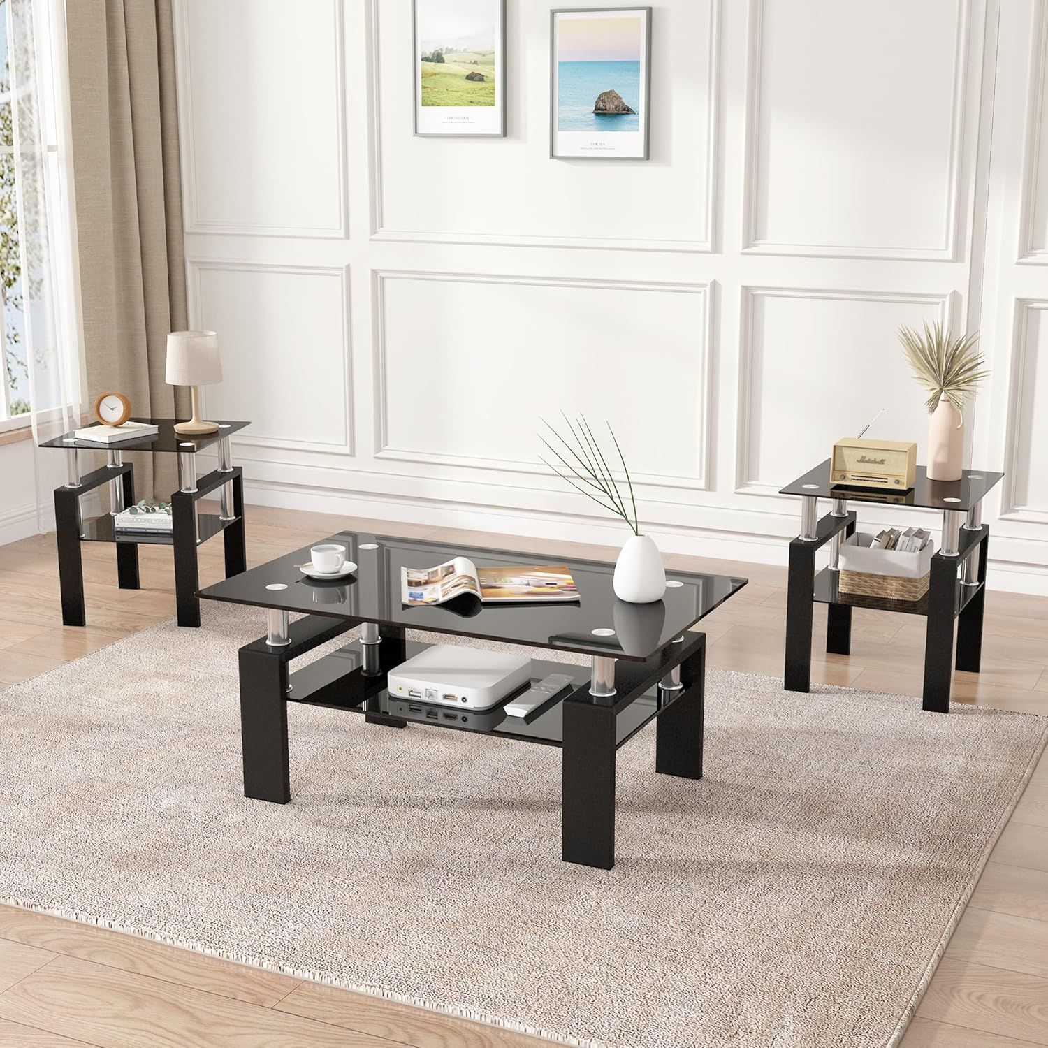 Amazon.com: 3 Piece Living Room Table Set, Glass Coffee Table And End ... intended for Achieve An Open Feel Discover The Versatile 3-Piece Coffee Table Set
