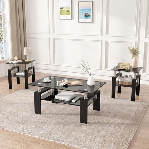 Amazon.com: 3 Piece Living Room Table Set, Glass Coffee Table And End ... intended for Achieve An Open Feel Discover The Versatile 3-Piece Coffee Table Set