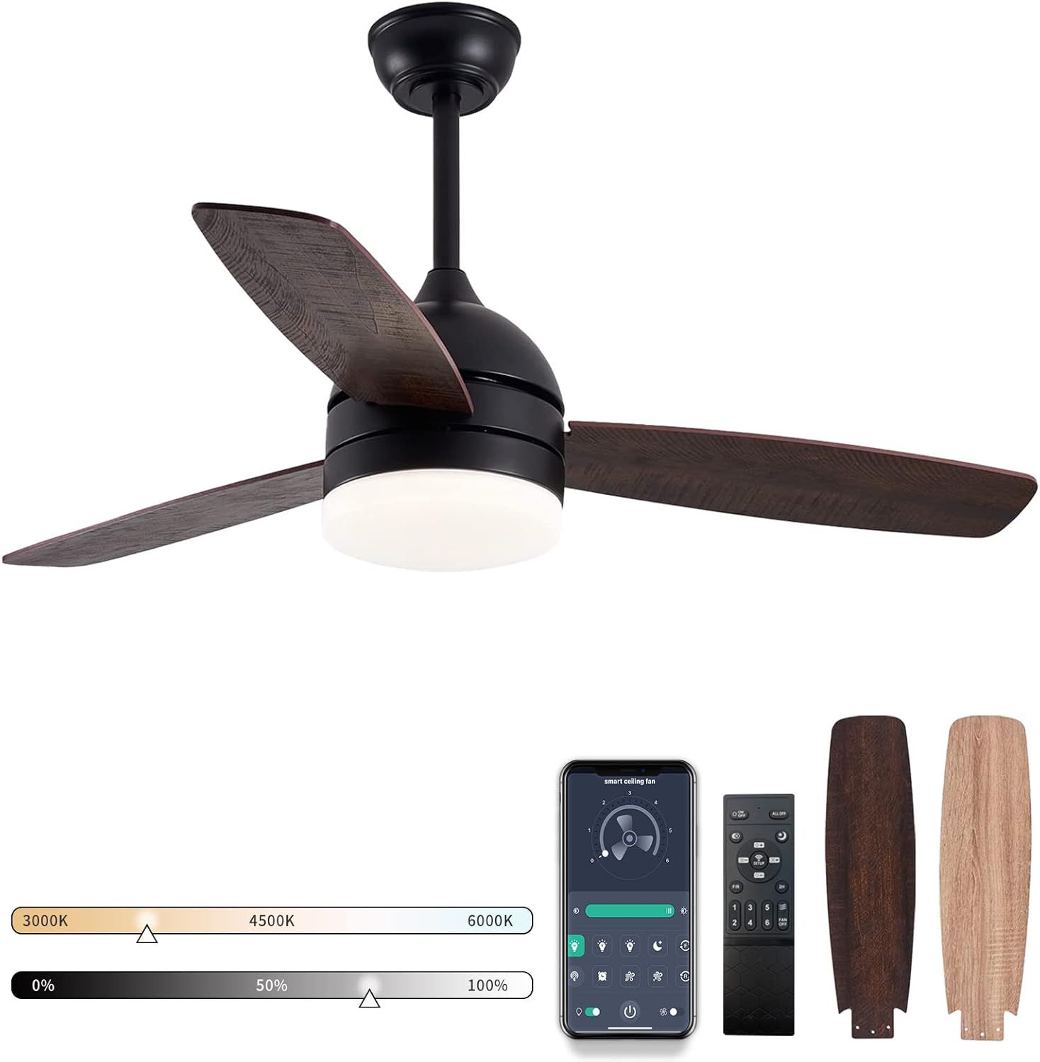 Amazon.com: 48 Inch Smart Ceiling Fans With Dimmable Led Lights, Black ... pertaining to Outdoor Ceiling Fan With App Remote Control